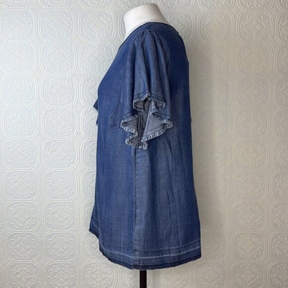 Bobeau Blue Denim Top with Frayed Sleeves - Picture 8 of 8